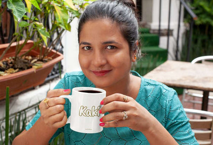 Indian lady holding a Kaki mug from ZimXcite - White ceramic family mug
