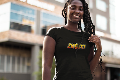 Black African braided lady wearing black Zimbabwean t-shirt with ZimXcite logo